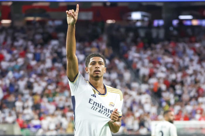 Jude Bellingham pictured celebrating after scoring his first goal for Real Madrid during a pre-season win over Manchester United in July 2023